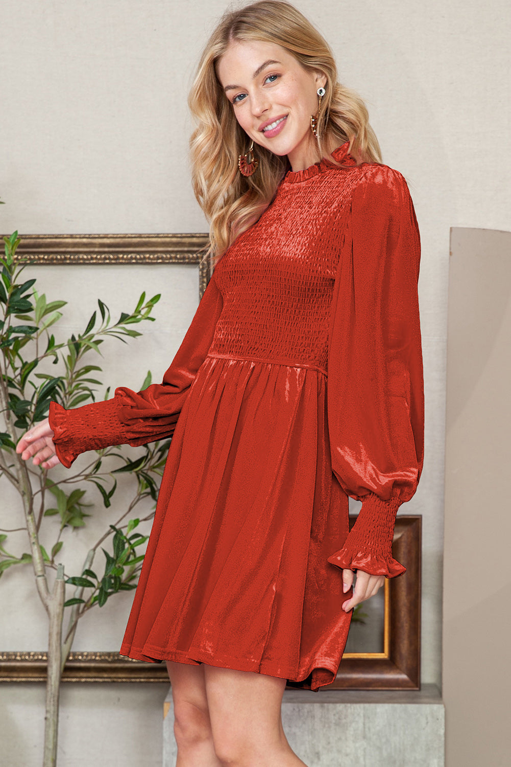 Green Smocked Lantern Sleeve Frilled Velvet Dress