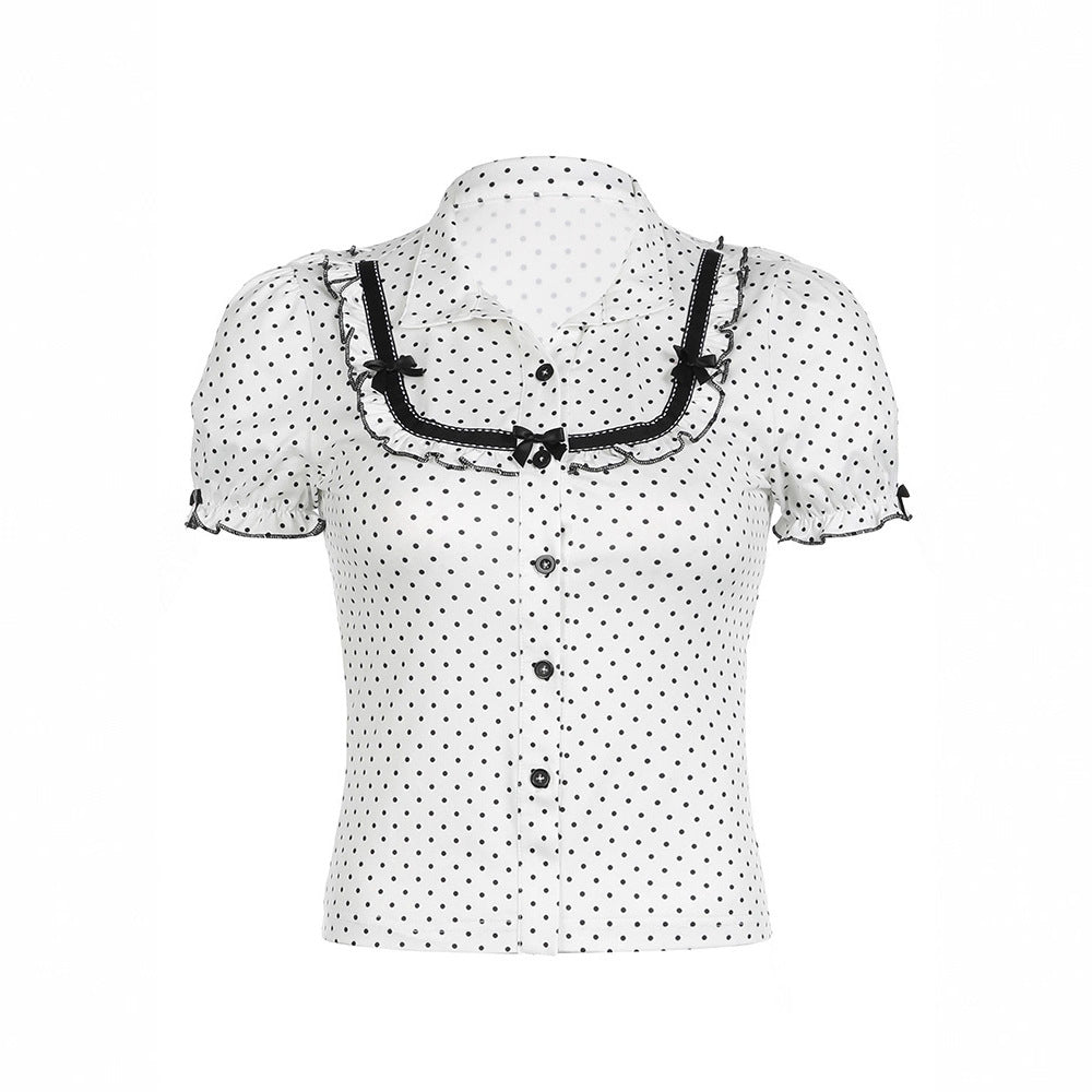French Girl Bow Stitching Polka Dot Shirt