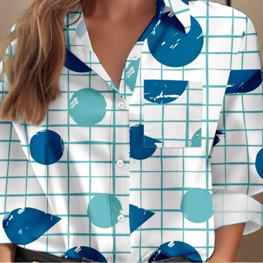 Womens Casual Plaid-pocket Long-sleeve Top