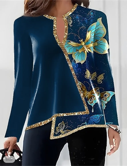 Women's V-neck Fashion Irregular Hem Long Sleeved Fitted T-shirt