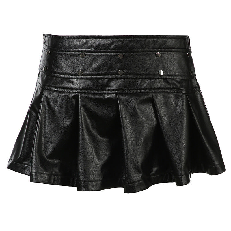 Punk-style Rivet-zip Pleated Leather Skirt