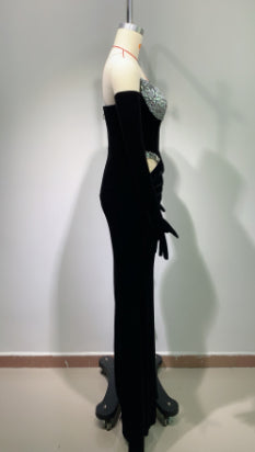 Gloves Hollow-out Low Cut Velvet Tube Top Dress Dinner Party