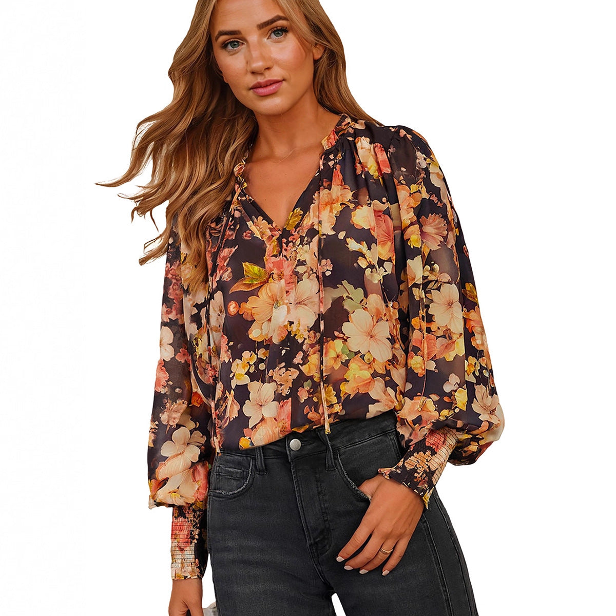 Women's Casual Versatile Printed V-neck Long-sleeved Shirt