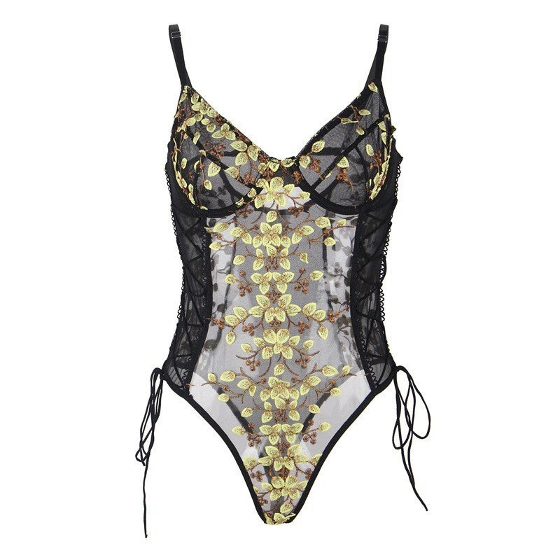 Women's Mesh See-through Embroidery Strappy Bodysuit