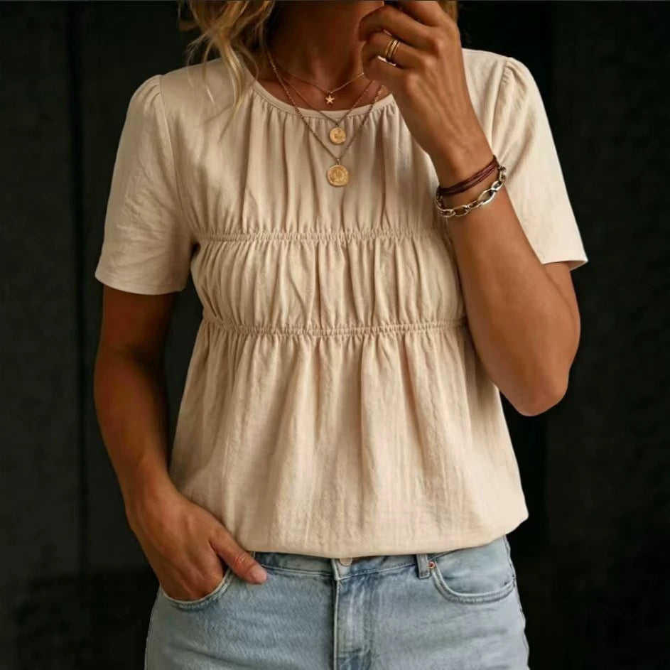 Women's Pleated Crew-Neck Short-Sleeve Top T-Shirt