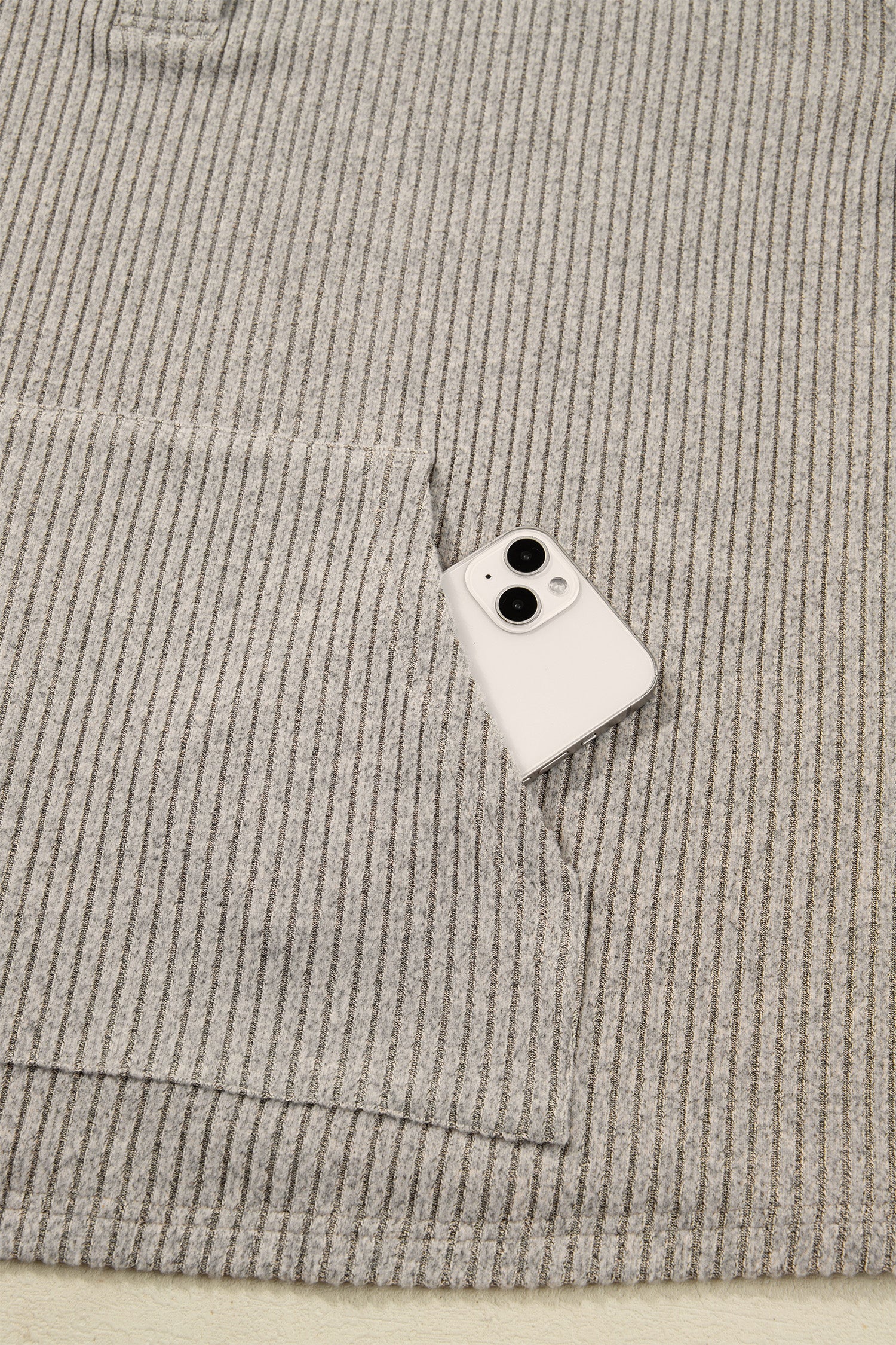 Simply Taupe Plus Size Ribbed Knit Kangaroo Pocket Henley Long Sleeve Top