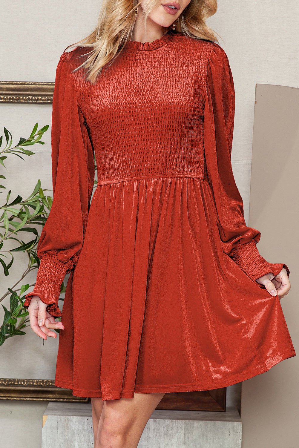 Green Smocked Lantern Sleeve Frilled Velvet Dress