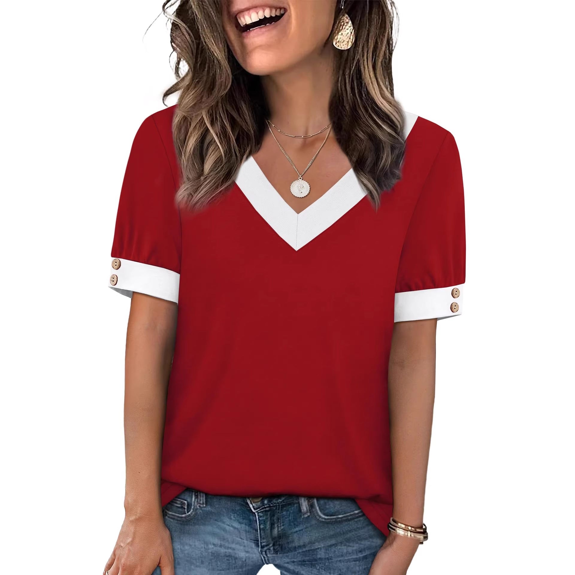 V-neck Contrast-Color Sleeveless All-Match Buttoned Pullover Short-Sleeve Top