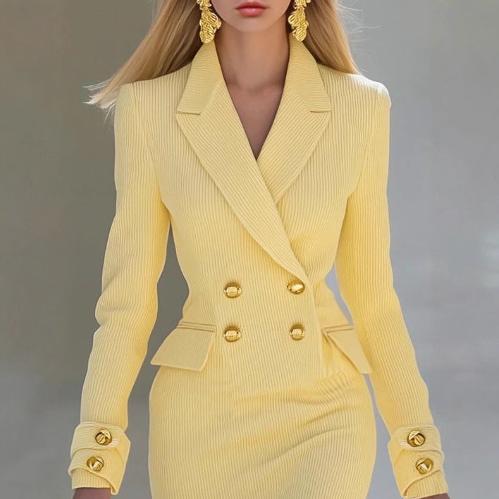 Elegant And Minimalist V-neck Light-yellow Knit Midi Skirt