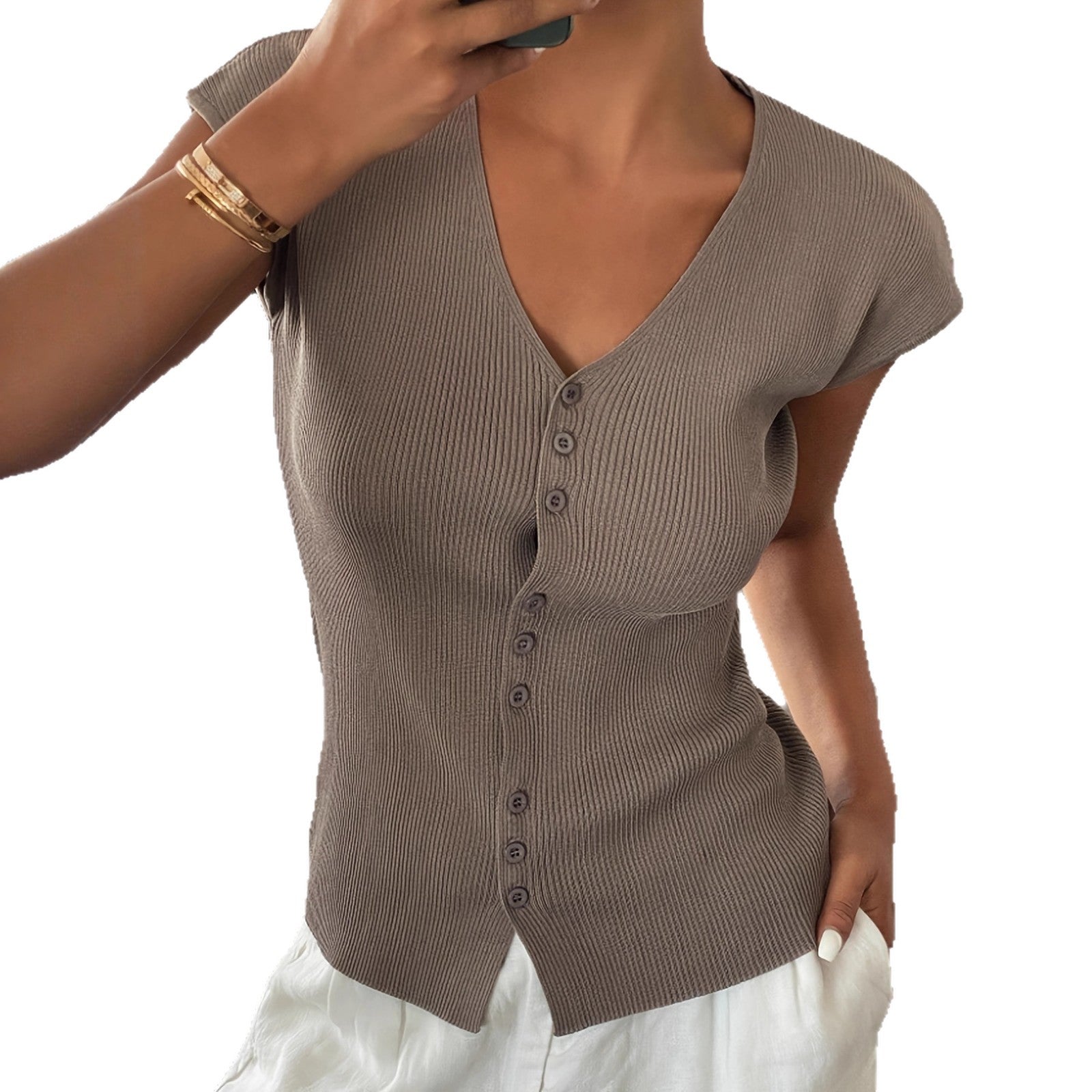 Women's Solid Color Casual Knit Fitted Shoulder V-neck Short Sleeve