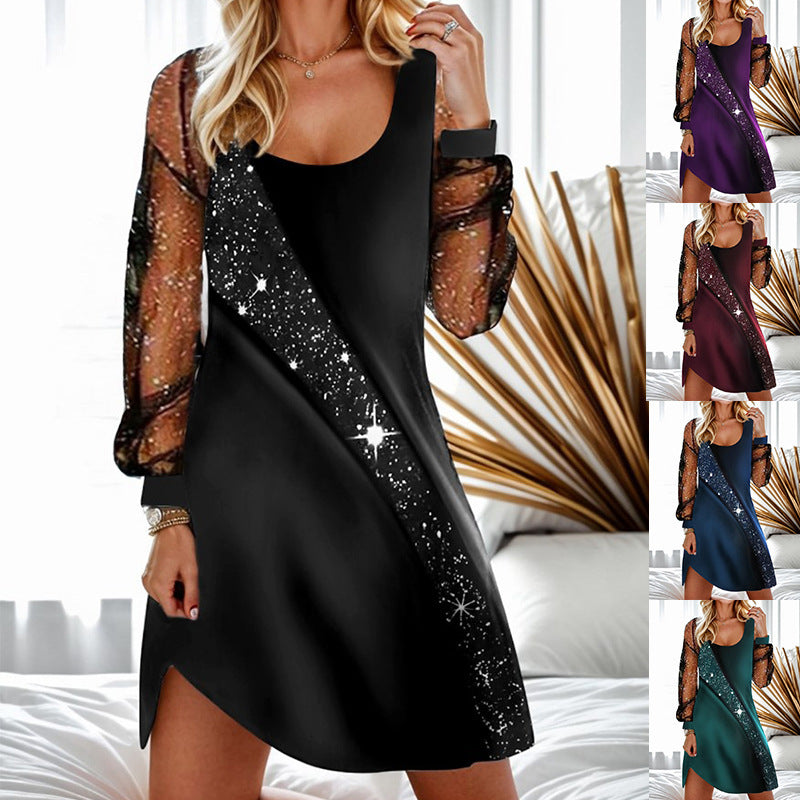 Womens Casual Sequin Sheer Mesh Dress