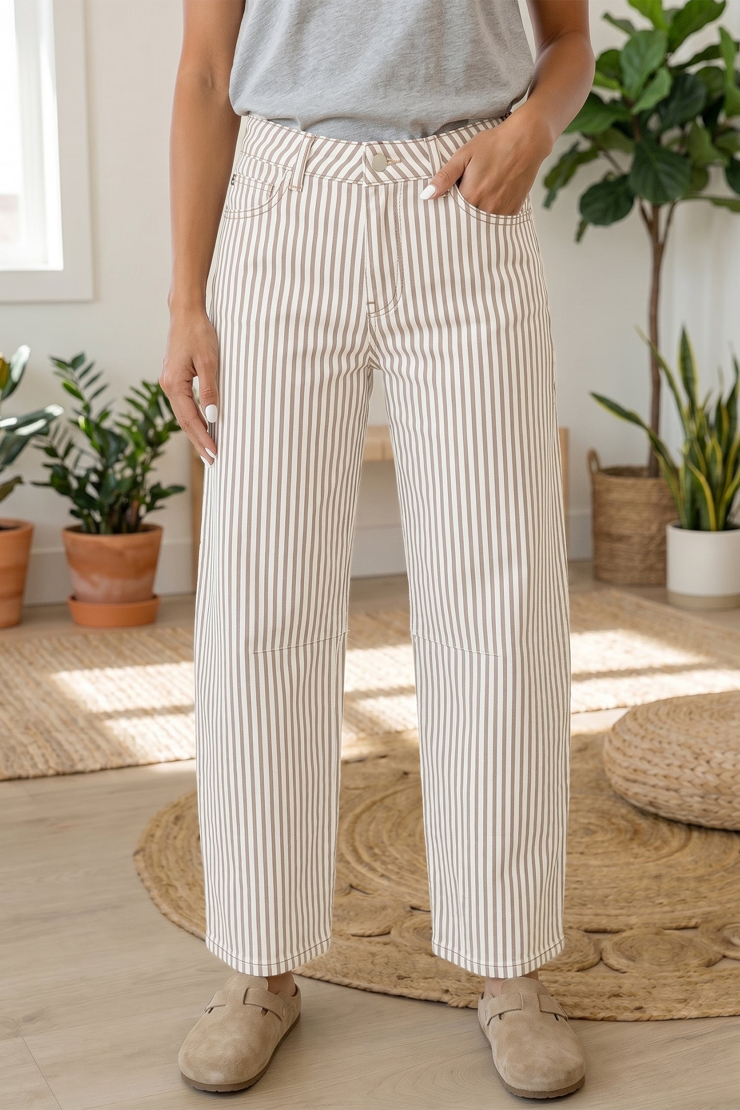 Khaki Stripe Casual Barrel Jeans