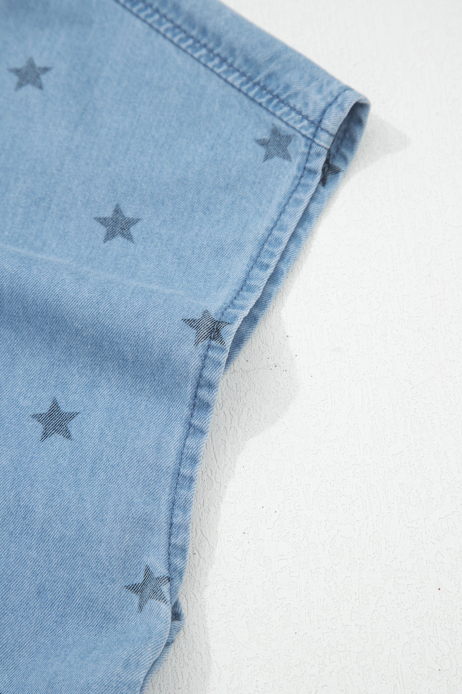 Beau Blue Star Allover Print Double Chest Pocket Short Sleeve Denim Shirt