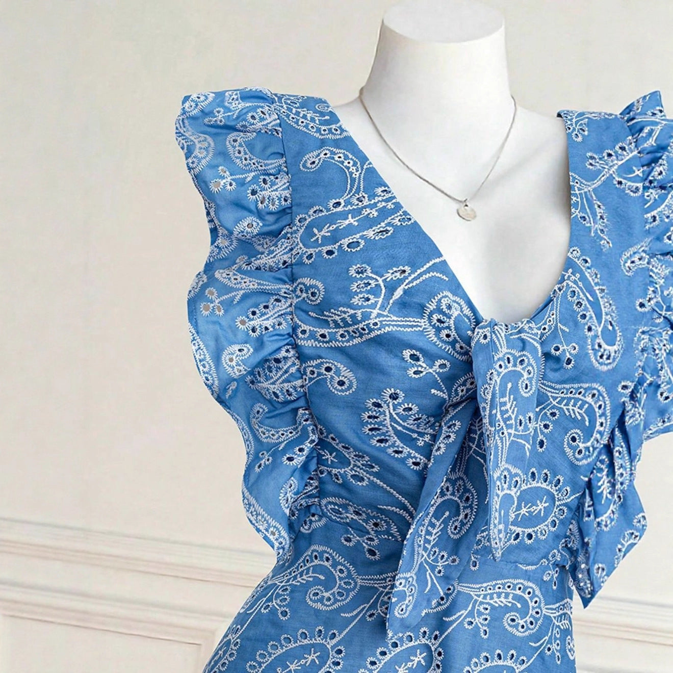 Casual Blue V-Neck Embroidered Lace Dress For Vacation And Leisure