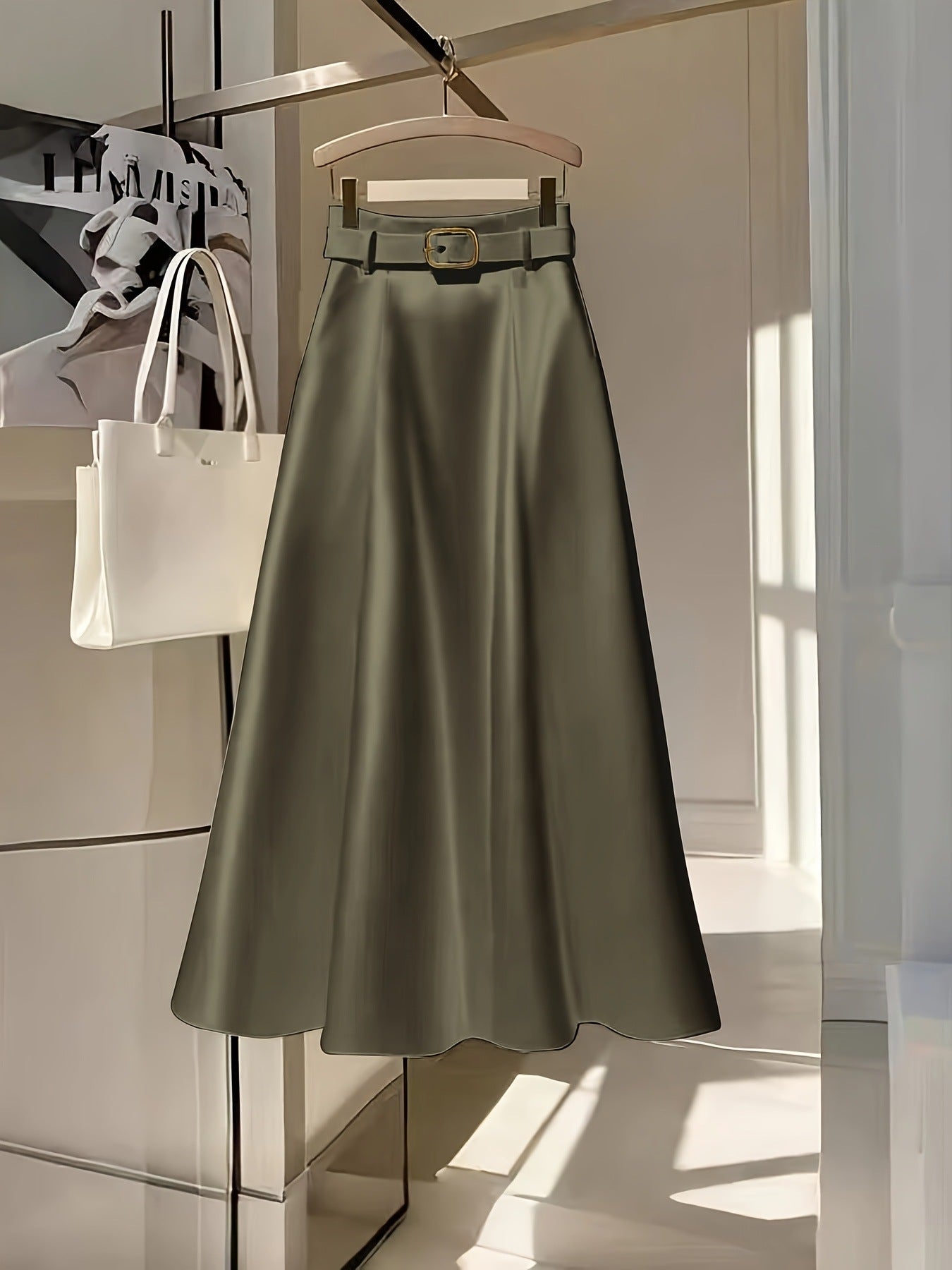 Elegant Solid Color A Line Skirt Smooth Satin Finish Flared