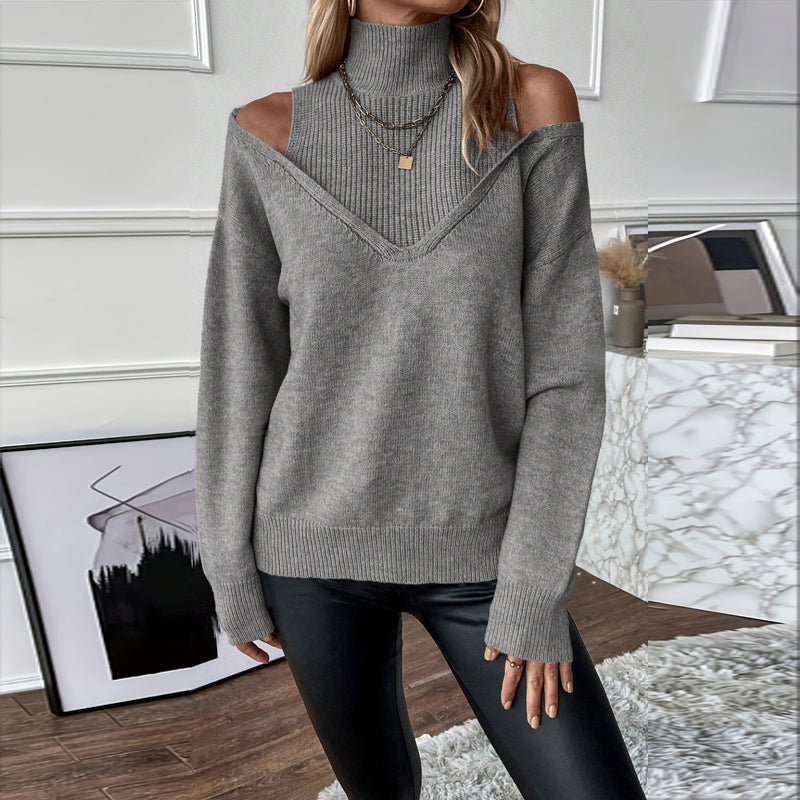 Women's Elegant Off-Shoulder Turtleneck Sweater, Solid Color Long Sleeve Knit Top For Autumn & Winter