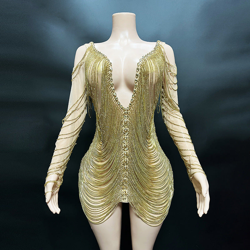 Silver Stretch Rhinestone Drill Chain Tassel Slimming Hip Skirt