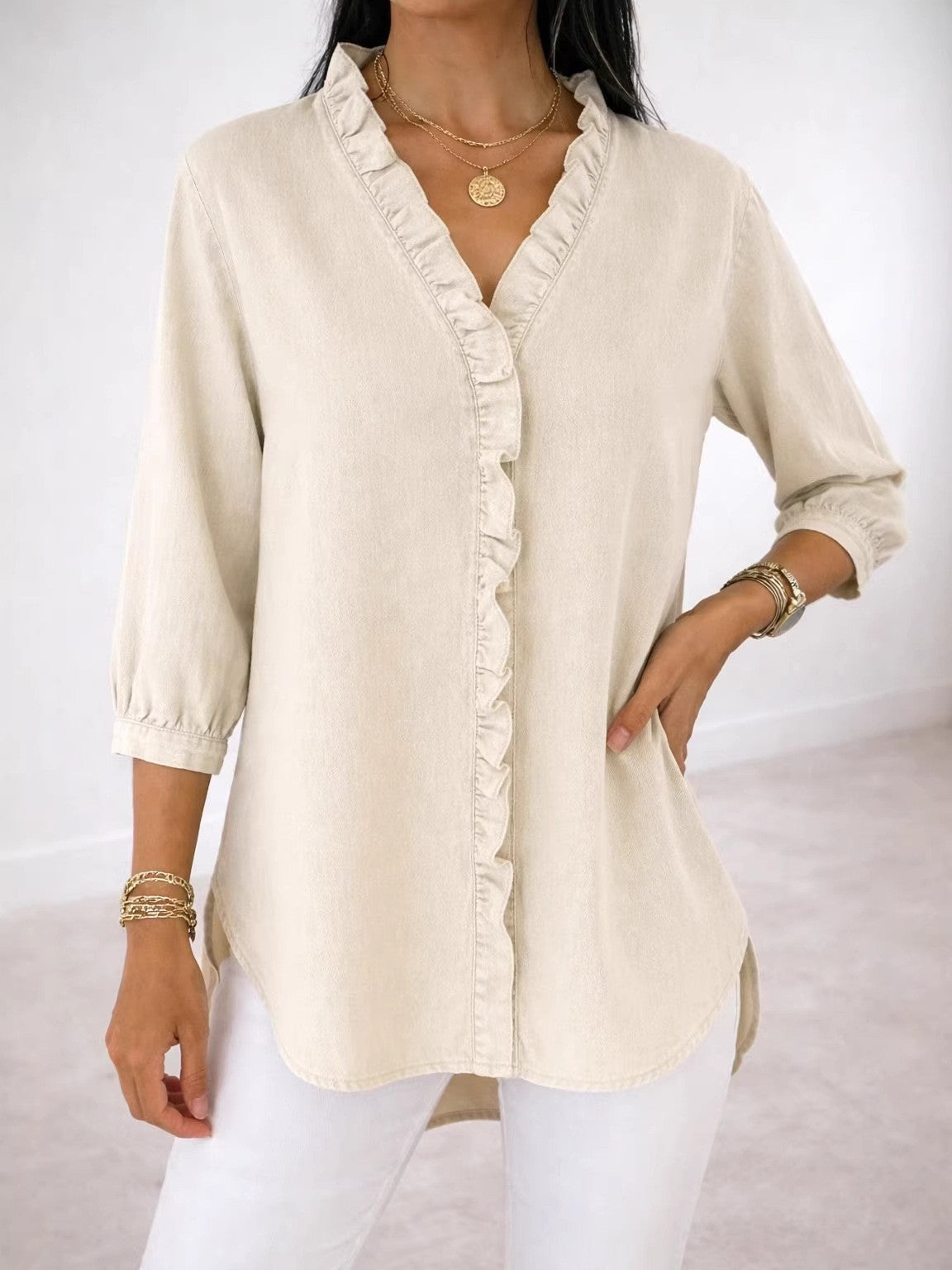 Women's Fashionable Casual Faux Denim V-Neck Shirt