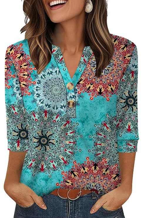 Womens Plus-Size Loose V-Neck Buttoned Three-Quarter Sleeve T-Shirt