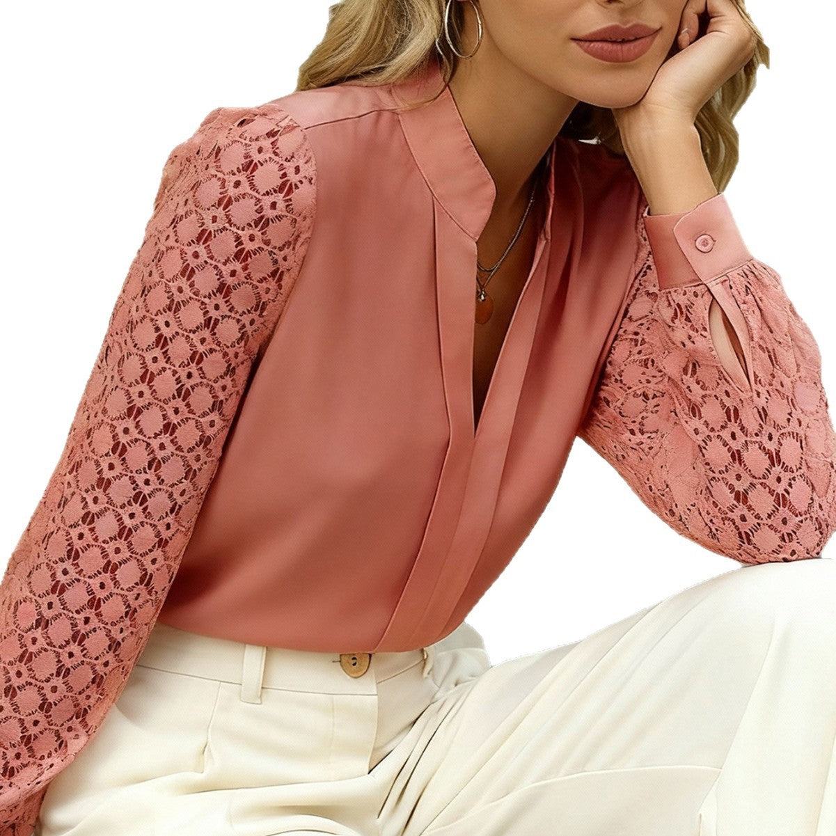 New V-neck Lace-trimmed Patchwork Long-sleeve Top