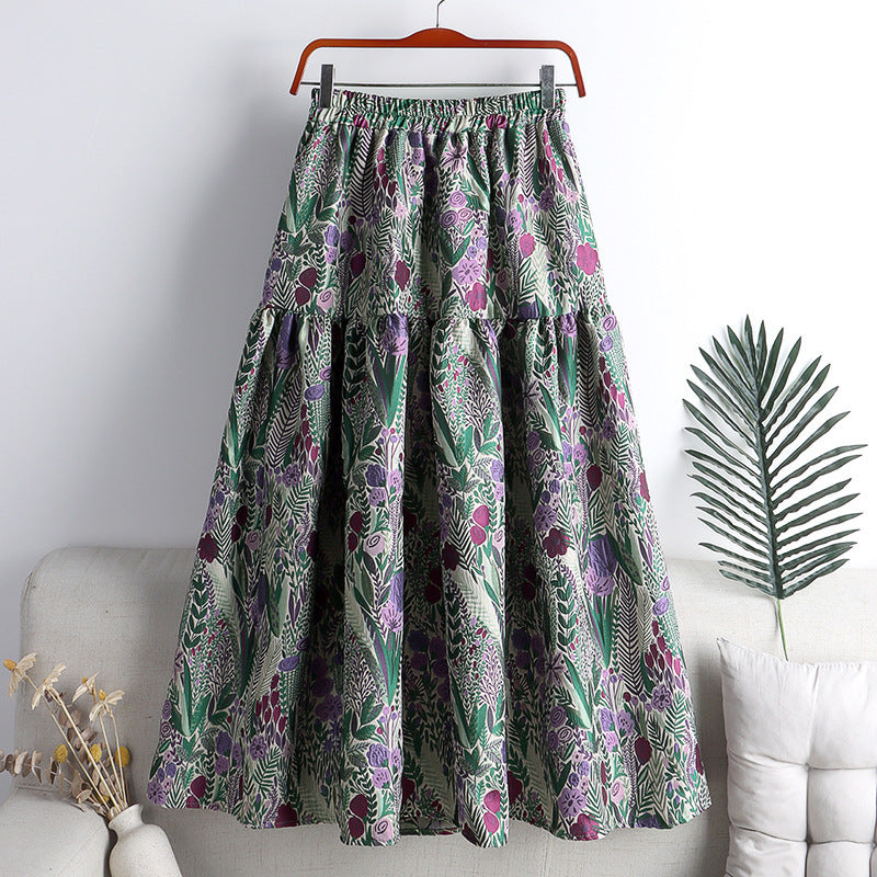 Vintage jacquard pleated puffy skirt with high waist and large hem