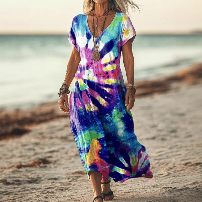 Womens Floral V-Neck Short-Sleeve Dress