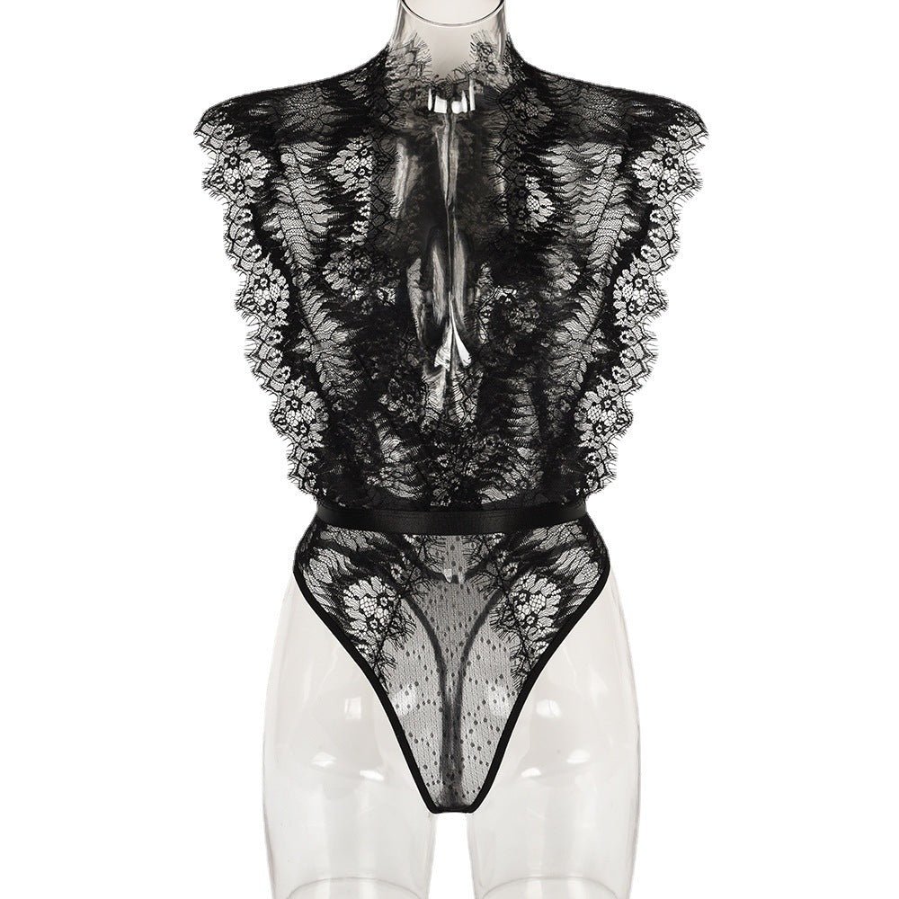 Eyelash Lace Stitching Deep V Slim Bodysuit