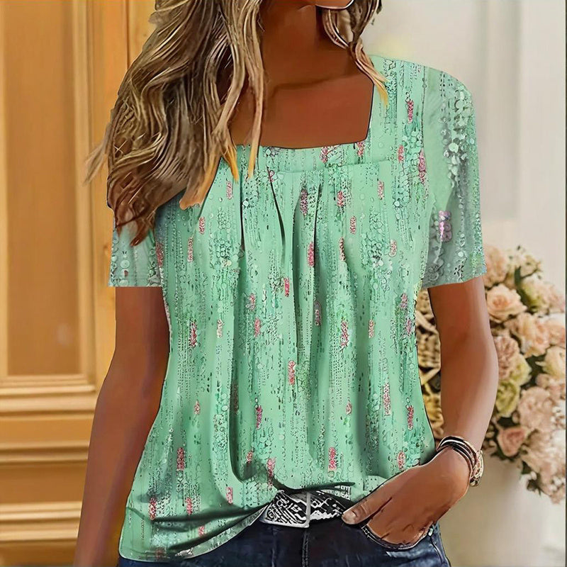 Women's Casual Square Neck Glitter T-Shirt - Sparkling Short Sleeve Top With Printed Design, Vibrant Spring&Summer Fashion Tee