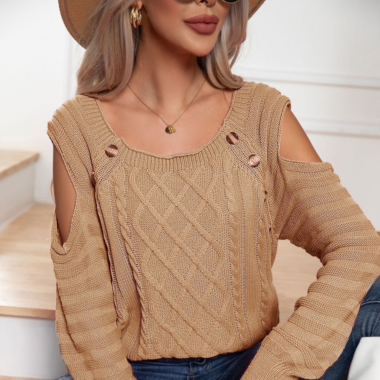 Button Square Collar Off-the-shoulder Long Sleeve Twisted Cable-knit Sweater Women
