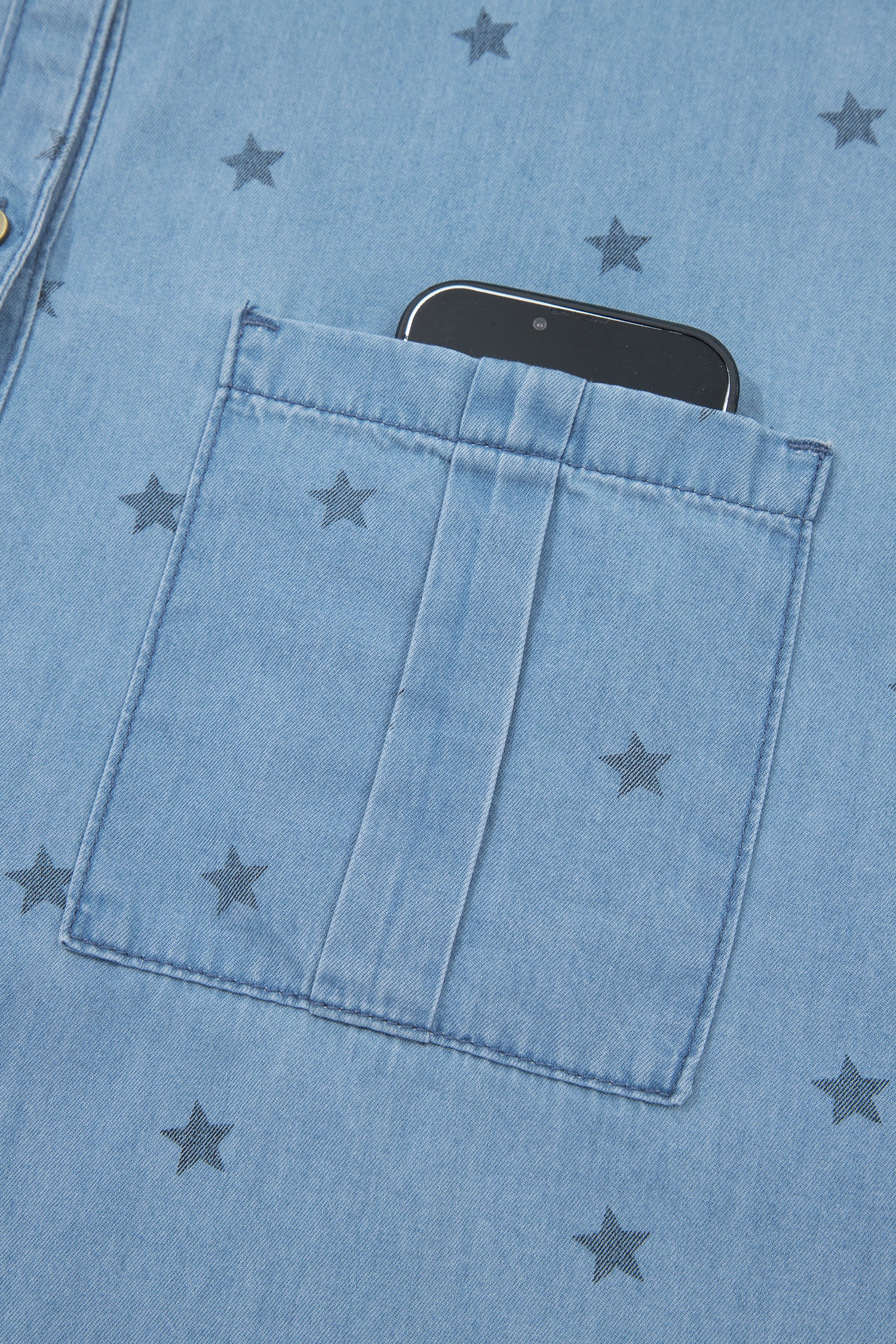 Beau Blue Star Allover Print Double Chest Pocket Short Sleeve Denim Shirt