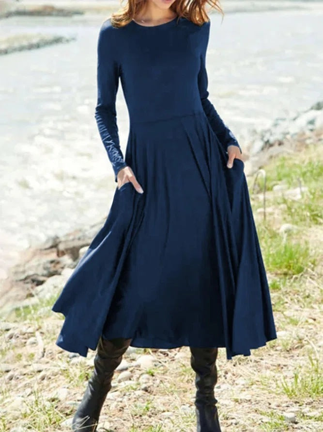 Long Sleeve Round Neck Solid Color Long Women's Clothing Dress