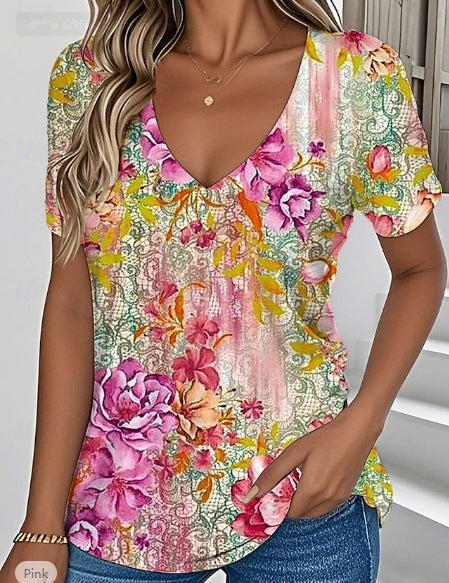 European American Summer New V-neck Floral Casual Short-sleeved Top