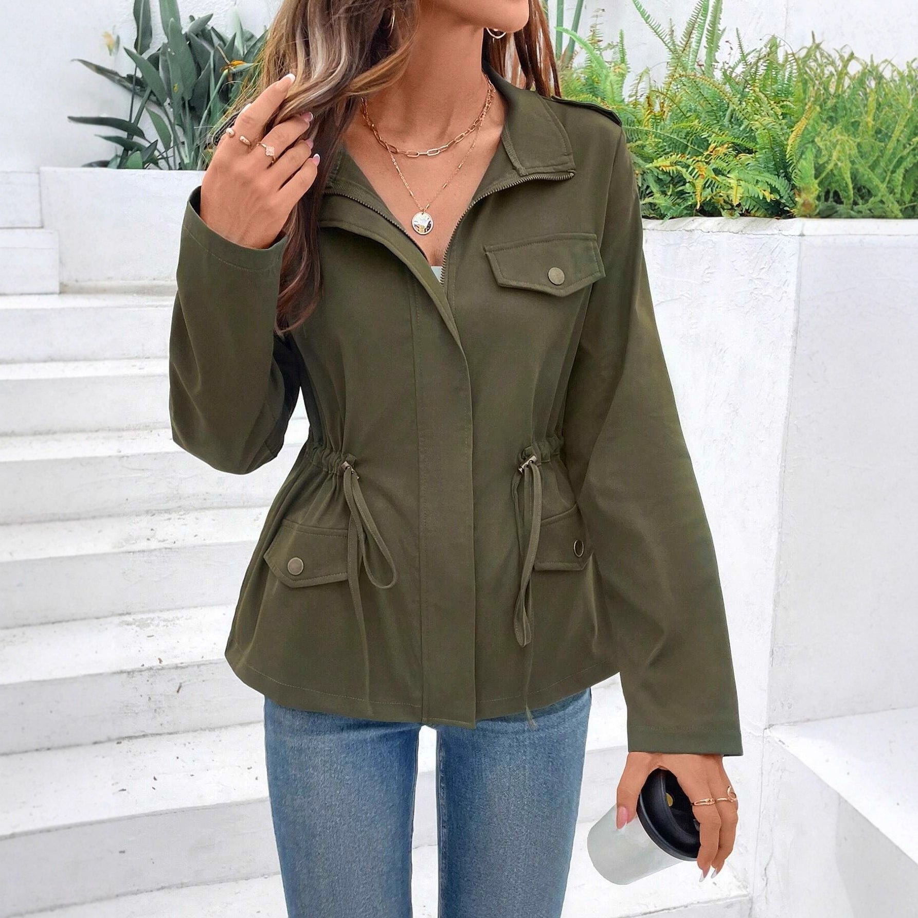 Solid Color Long Sleeve Casual Drawstring Waist Jacket Women