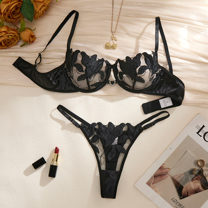 Sheer Floral Embroidery Sexy Lingerie Set