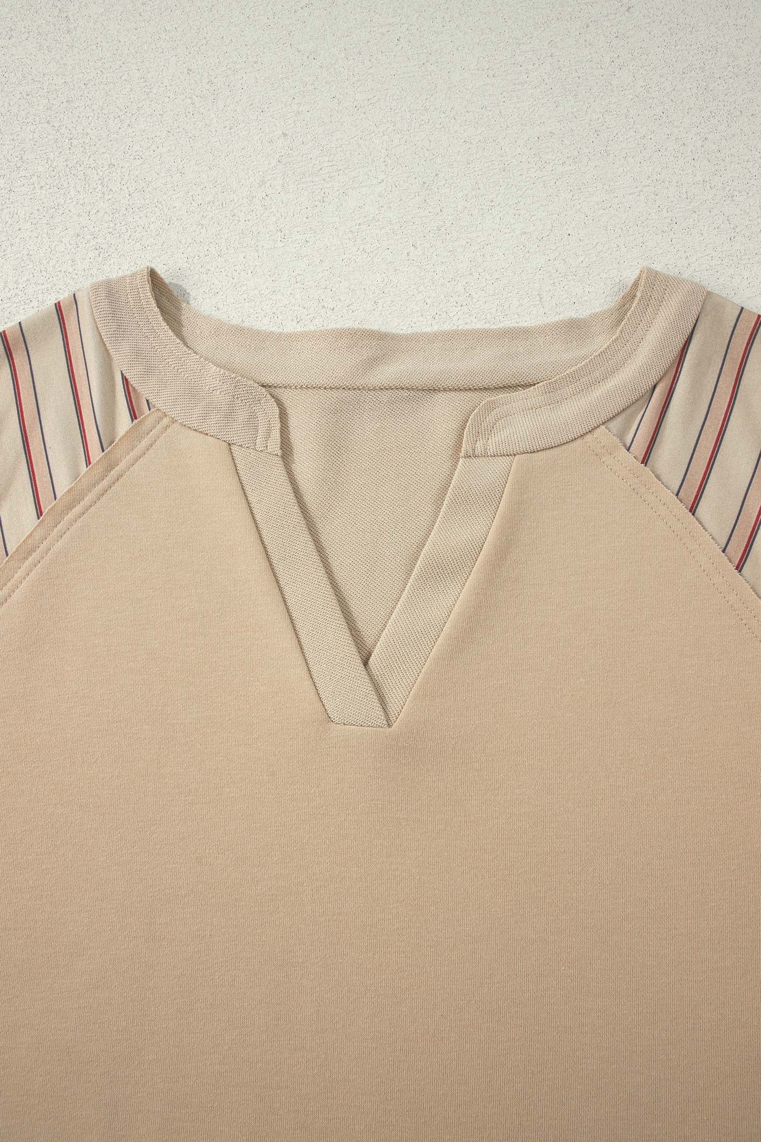 Parchment Striped Raglan Sleeve Notched Neck Raw Edge Plus Size Jumper