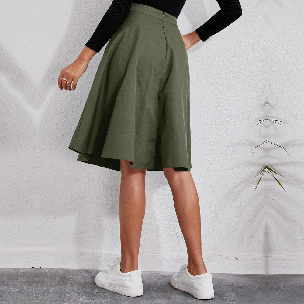 Women's Pocket Button Waist Elegant Midi Skirt