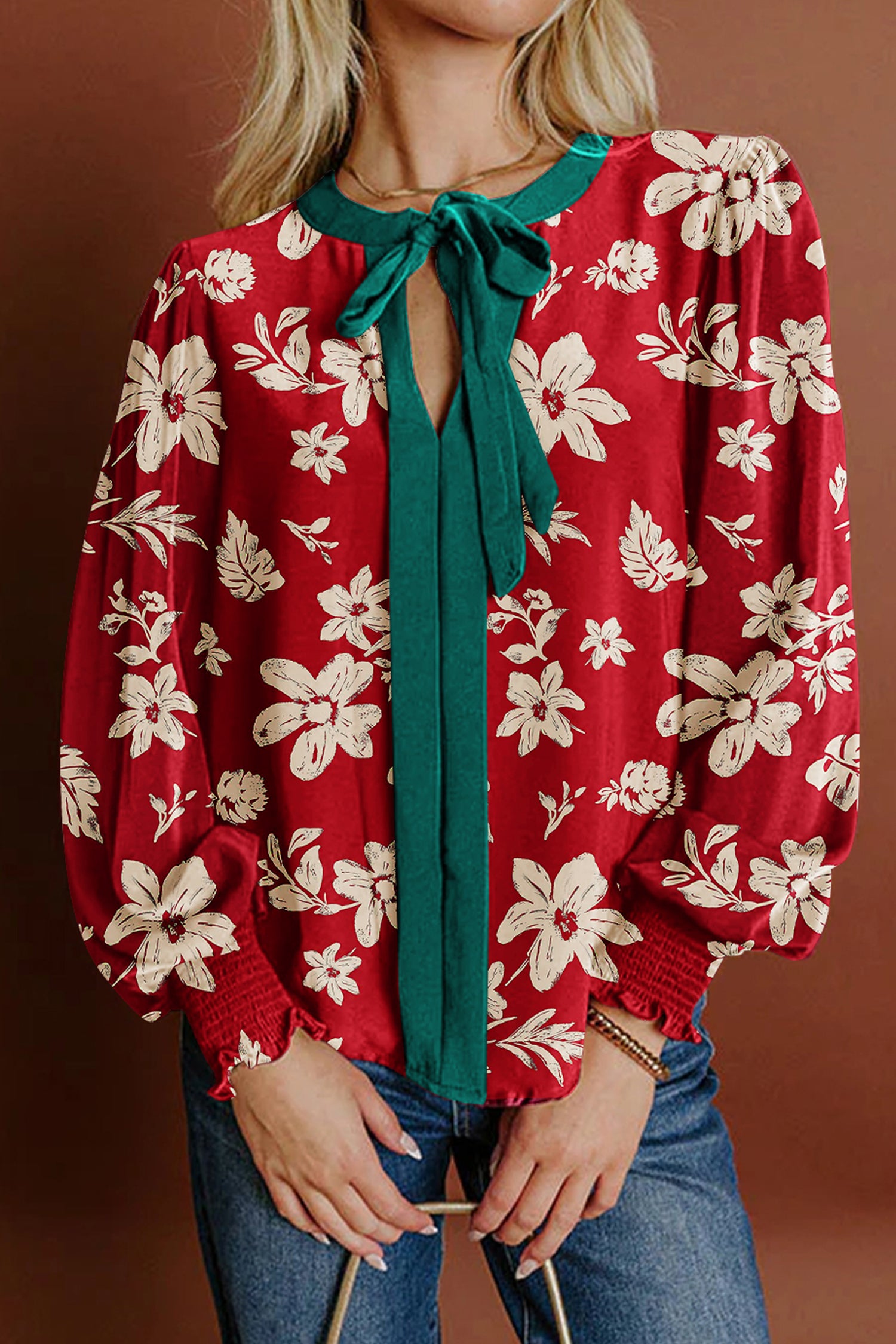 Red Contrast Tied Neck Shirred Puff Sleeve Flower Blouse