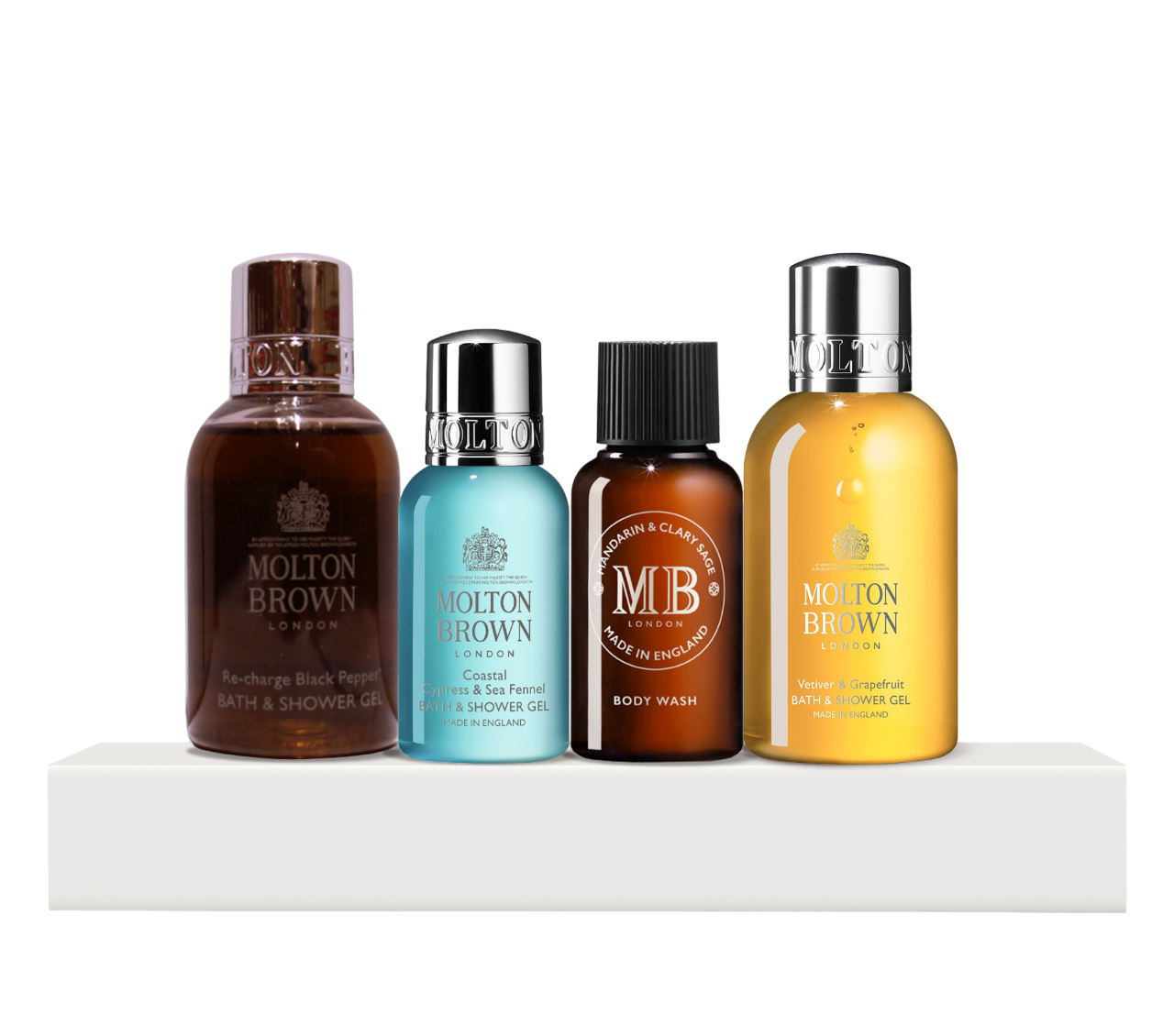 Discovery Collection Set Molton Brown: Black Peppercorn, Shower Gel, 50 ml + Coastal Cypress & Sea Fennel, Shower Gel, 30 ml + Mandarin & Clary Sage, Shower Gel, 30 ml + Vetiver & Grapefruit, Shower Gel, 50 ml