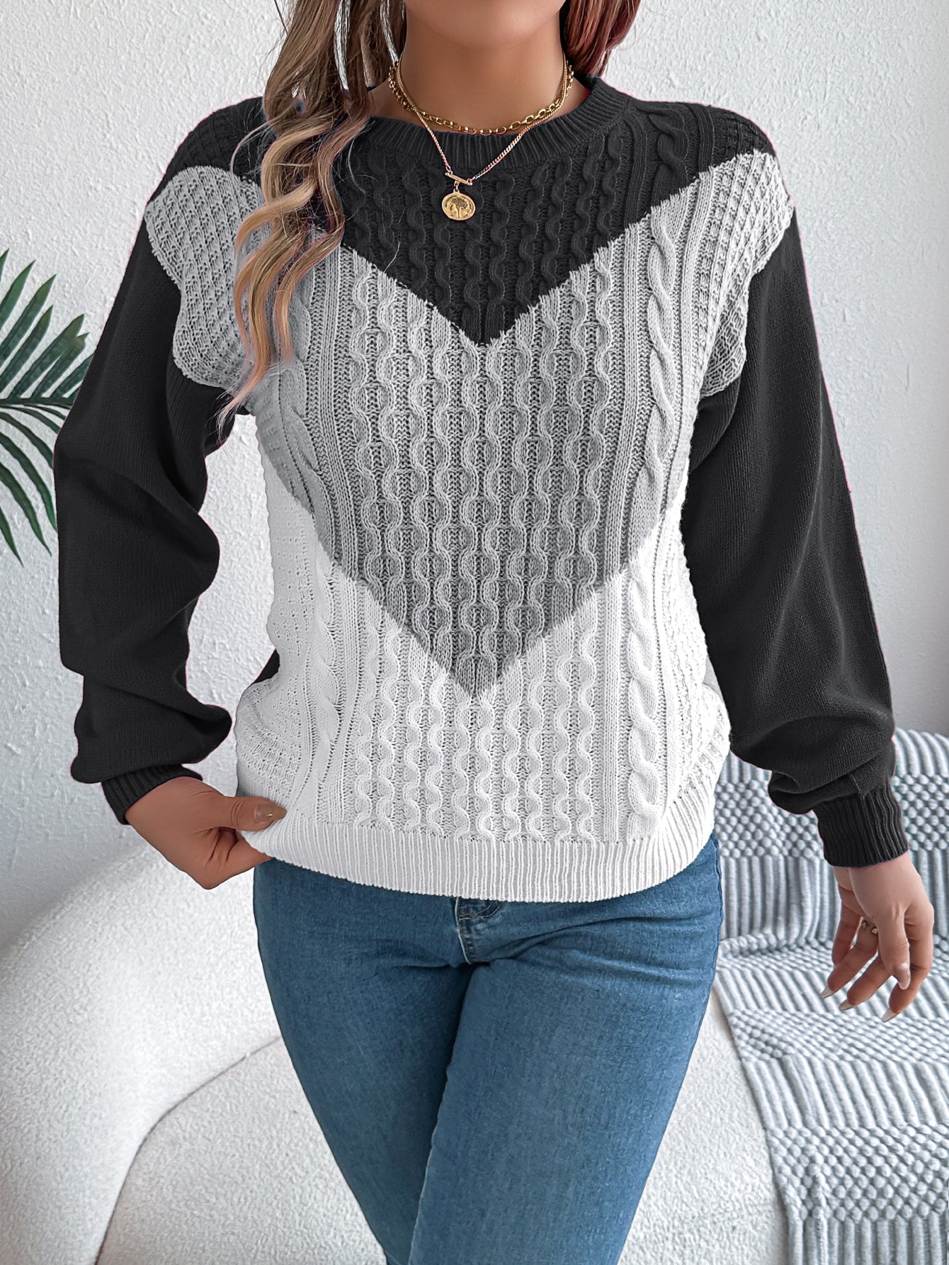 Women Casual Color Block Cable Knit Lantern Sleeve Pullover Sweater