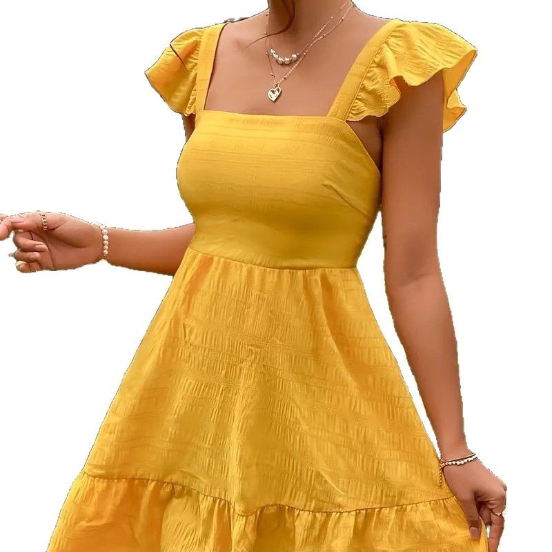 Bohemian Ruffled Backless Dress With A Square Neckline And Shirred Detailing