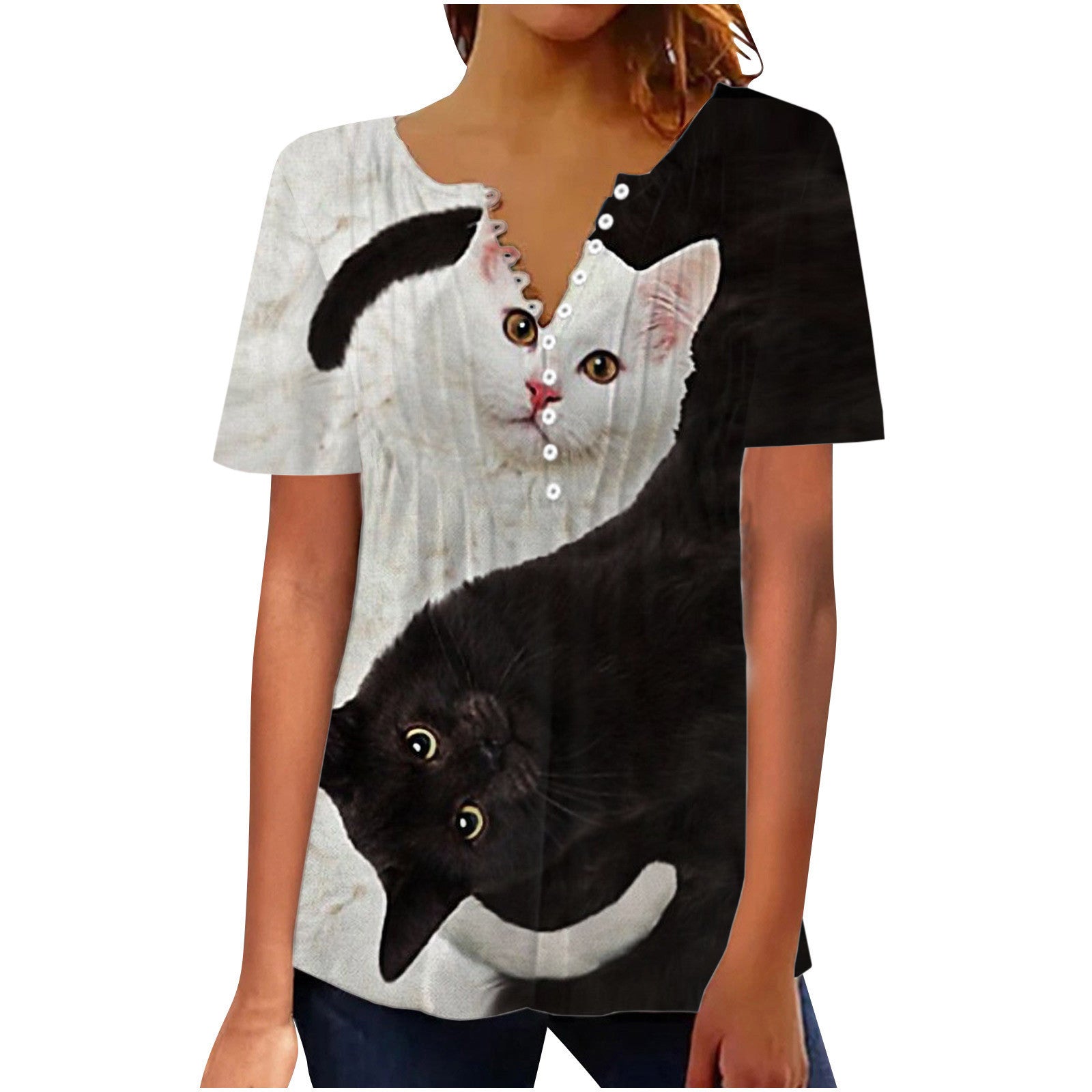 Women's Digital 3D Printed Pleated Round Neck T-shirt