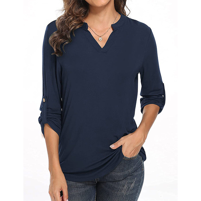 V-neck Shirt Three-quarter-length Rolled Sleeves Fitted Waist Top T-shirt
