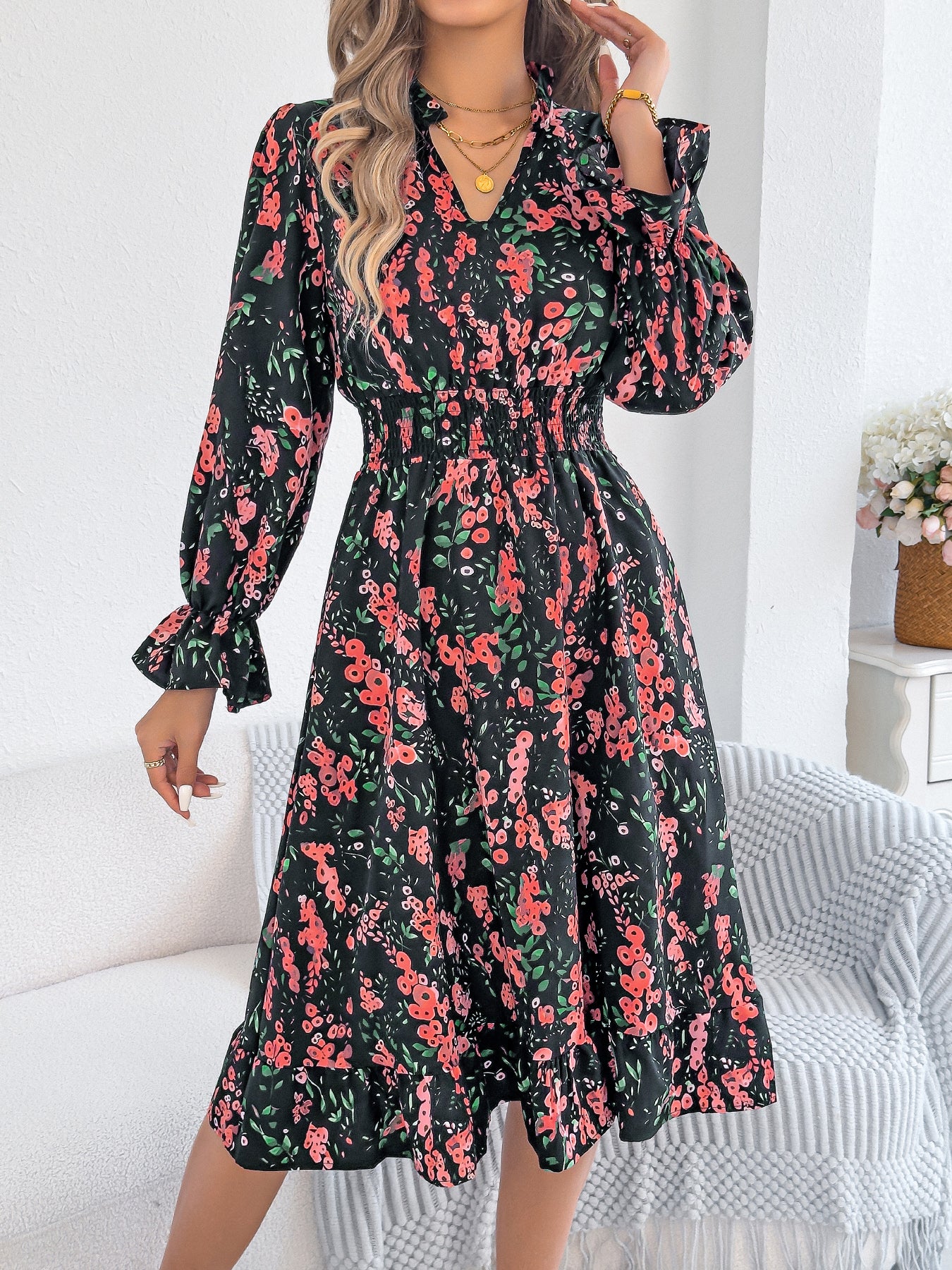 Women's Casual Floral Print Bell Sleeve Tie Waist A-Line Dress