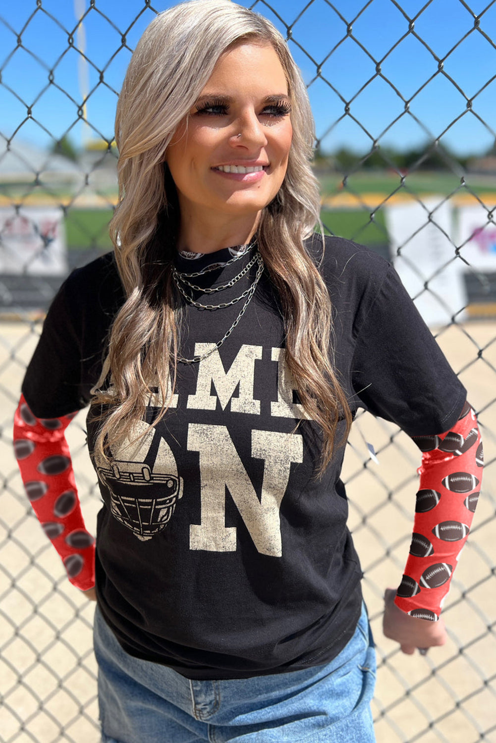 Black Baseball Game Day Sheer Mesh Long Sleeve Top