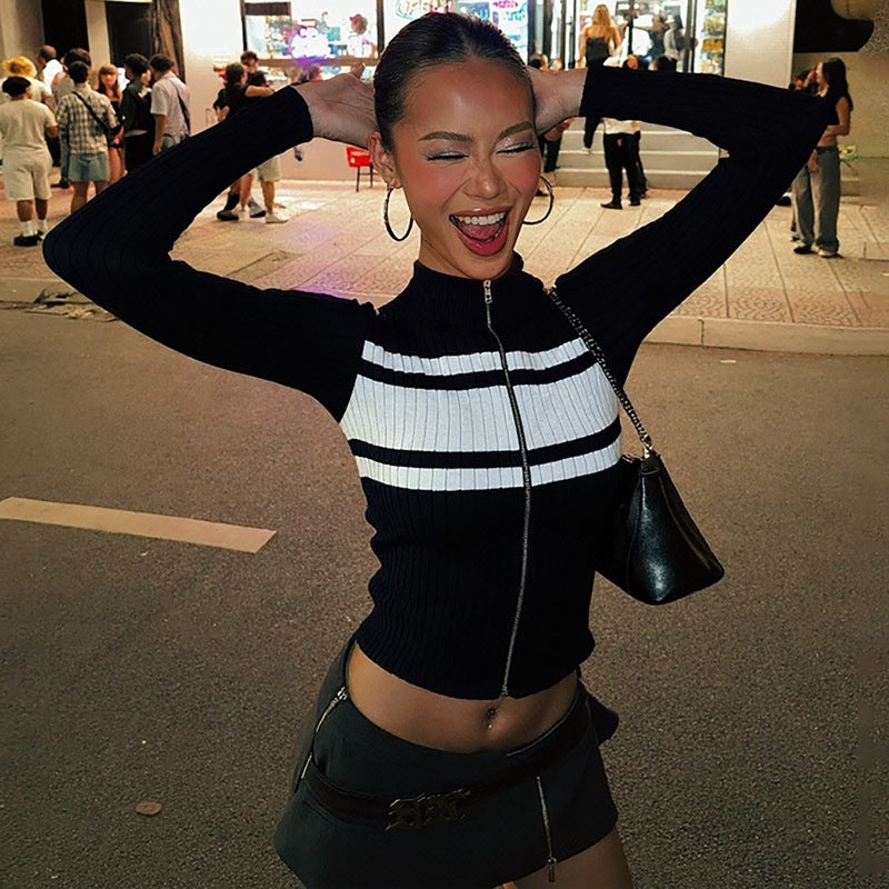 Contrast Zip Cardigan Tops Slim Long Sleeve Sweater