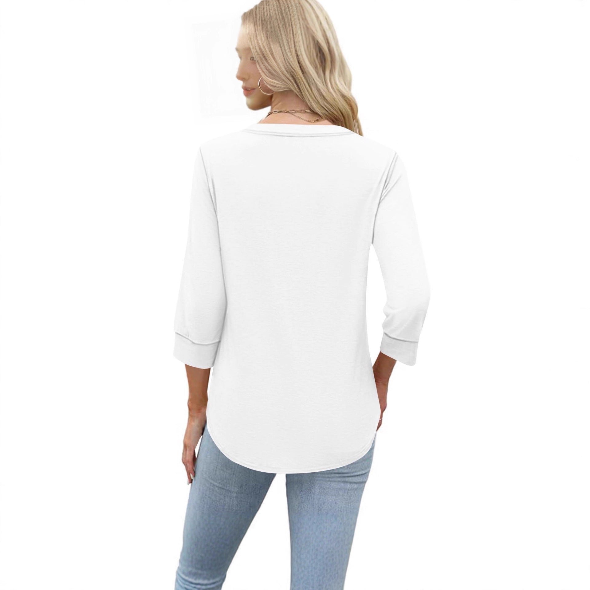 Womens Plus-Size Loose V-Neck Buttoned Three-Quarter Sleeve T-Shirt