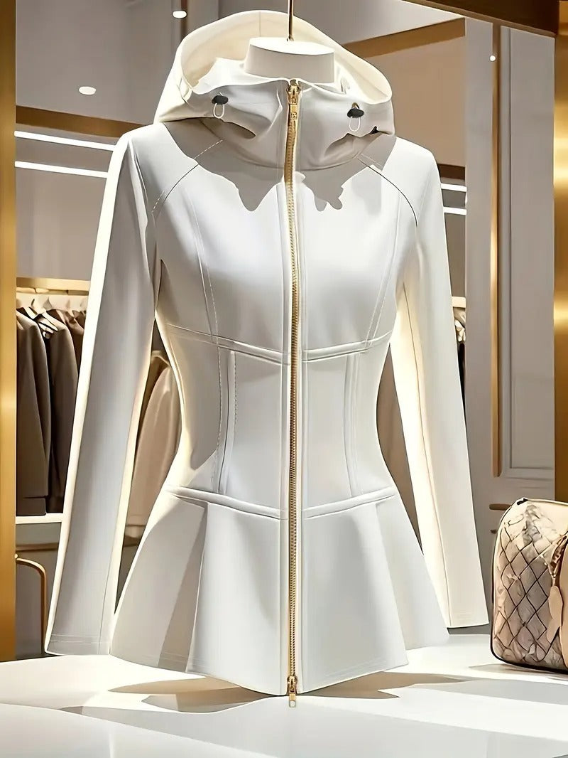 Women's Elegant White Hooded Jacket With Stand Collar