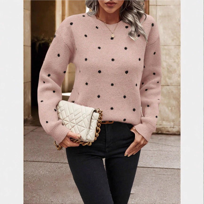 Fashion Round Neck Long Sleeve Pullover Sweater Polka Dot Print Knitwear