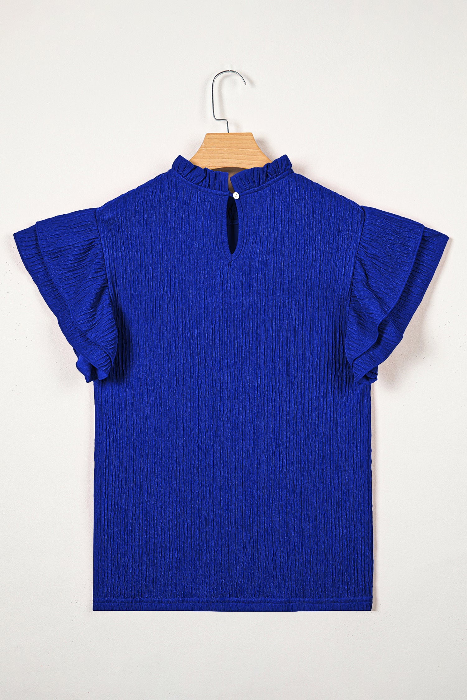 Black Solid Color Textured Ruffle Trim Short Sleeve Blouse