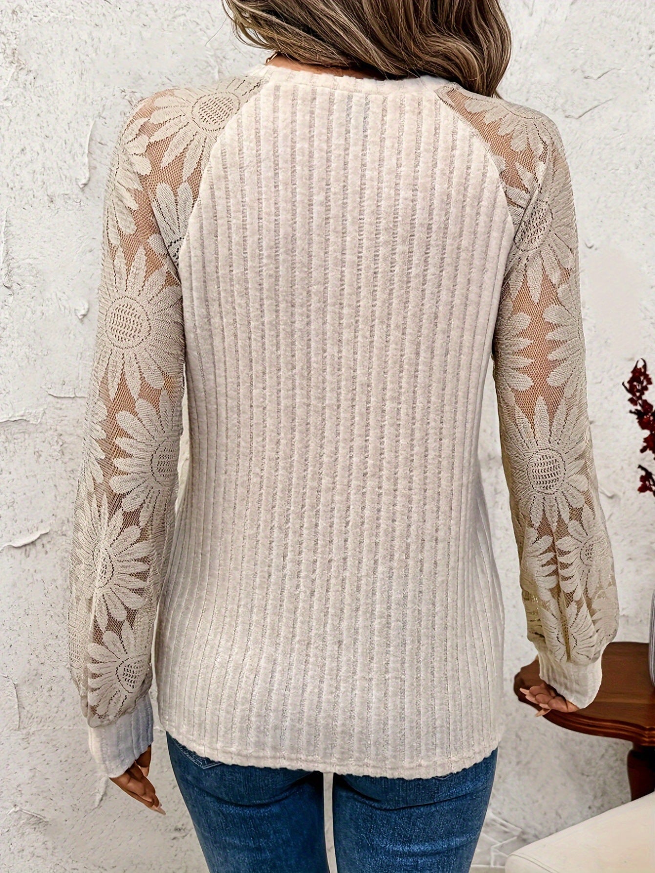Round Neck Hollow Out Pullover Lace Stitching Long Sleeve Top